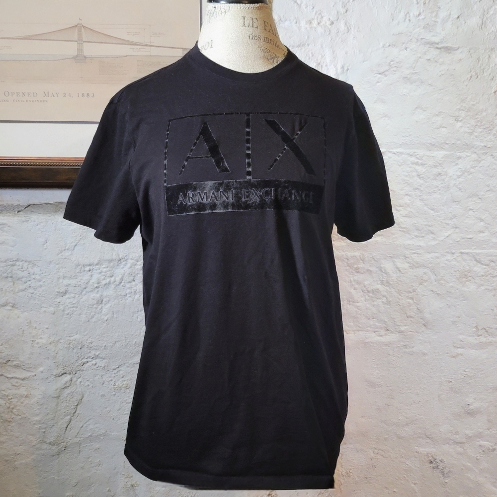 Armani Exchange Men's Black Cotton Tee Shirt with Black Velveteen Logo